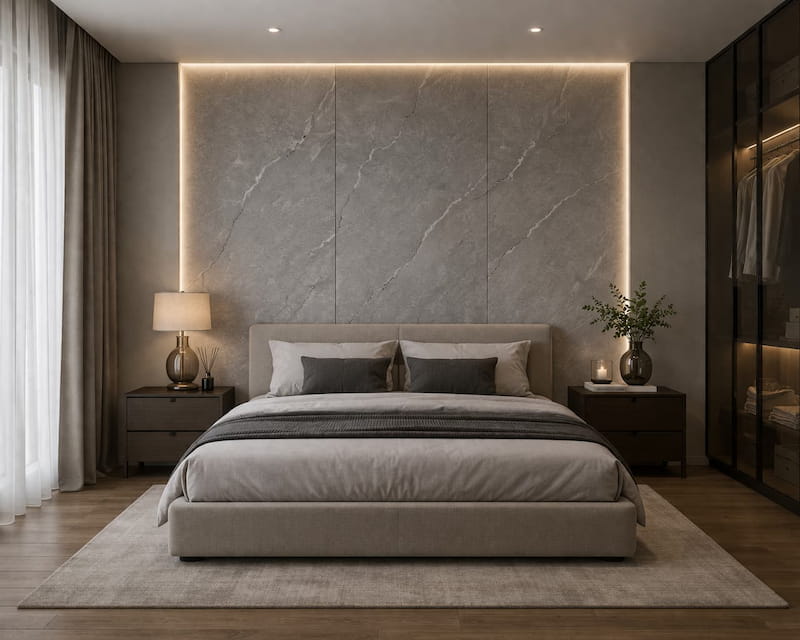 Reception con maxi parete effetto quarzo lilla e venature oro